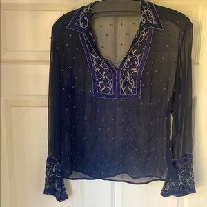 Elegant Black Sheer silk Embroidered Women's Top